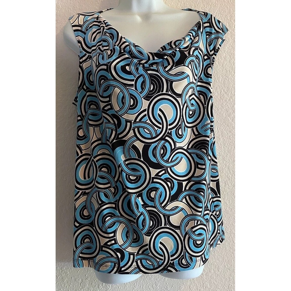 Evan Picone Top Sleeveless Blue Circle Print‎ Cowl Neck Blouse